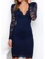 cheap Midi Dresses-Women&#039;s Sheath Dress Knee Length Dress Blue Long Sleeve Blue Solid Colored Lace up Fall Winter Deep V Slim Lace S M L XL XXL 3XL 4XL / Plus Size / Plus Size