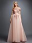 cheap Evening Dresses-A-Line Elegant Formal Dress Prom Formal Evening Sweep / Brush Train Sleeveless Off Shoulder Tulle Over Lace with Beading Appliques 2025