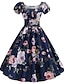 cheap Party Dresses-Women&#039;s A Line Dress Knee Length Dress White Black Blue Red Blushing Pink Dusty Rose Dusty Blue Navy Blue Gray Light Blue Short Sleeve Floral Patchwork Print Fall Summer Square Neck Elegant Vintage