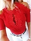 cheap Tops &amp; Blouses-Women&#039;s Lace Shirt Shirt Blouse Plain Solid Colored White Red Lace Short Sleeve Casual Basic Round Neck Regular Fit Cold Shoulder