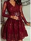 cheap Party Dresses-Women&#039;s A-Line Dress Short Mini Dress - Long Sleeve Floral Solid Color Sequins Deep V Elegant Going out Wine M L XL XXL 3XL