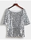 baratos Tops &amp; Blouses-Mulheres Camiseta Cor Sólida Decote Redondo Blusas Preto Prata