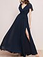 cheap Mother of the Bride Dresses-A-Line Bridesmaid Dress Plunging Neck Short Sleeve Open Back Floor Length Chiffon with Sash / Ribbon / Ruffles / Split Front 2022