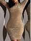 cheap Party Dresses-Women&#039;s A Line Dress - Long Sleeve Solid Colored Glitter Sexy Cocktail Party Going out Gold S M L XL
