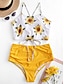 cheap Tankini-Women&#039;s Halter Basic Bikini Swimsuit Peplum Lace up Print Floral Swimwear Bathing Suits Black Yellow
