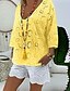 cheap Tops &amp; Blouses-Women&#039;s Blouse Shirt Solid Colored Long Sleeve Hollow Out Embroidery Lace V Neck Tops Boho Basic Top White Yellow Blushing Pink