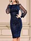 preiswerte Elegantes Damenkleid-Damen Etuikleid Knielanges Kleid Marineblau Langarm Volltonfarbe Pailletten Quaste Rundhalsausschnitt heiß S M L XL XXL