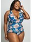 cheap Plus Size Swimwear-Women&#039;s One Piece Swimsuit Criss Cross Floral Blue Green Black Red Plus Size Swimwear Bathing Suits