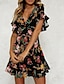 preiswerte Ausgefallene Kleider-Damen A Linie Kleid Minikleid Schwarz Beige Kurzarm Blumen Frühling Sommer V-Ausschnitt 2021 S M L XL