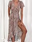 cheap Elegant Dresses-Women&#039;s A Line Dress Brown Short Sleeves Leopard Wrap Spring Summer Deep V S M L XL / Asymmetrical