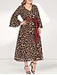 cheap Plus Size Dresses-Women&#039;s Kaftan Dress Maxi long Dress Yellow Long Sleeve Leopard Pleated Patchwork V Neck Casual Flare Cuff Sleeve L XL XXL 3XL 4XL / Plus Size