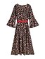 cheap Plus Size Dresses-Women&#039;s Kaftan Dress Maxi long Dress Yellow Long Sleeve Leopard Pleated Patchwork V Neck Casual Flare Cuff Sleeve L XL XXL 3XL 4XL / Plus Size