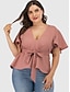cheap Plus Size Tops-Women&#039;s Blouse Solid Colored Plus Size Lace up Ruffle Short Sleeve Daily Tops Elegant Sexy Blushing Pink