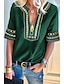 baratos Tops &amp; Blouses-Mulheres Blusa Camisa Social Geométrica Patchwork Estampado Decote V Blusas Camisetas Básicas Preto Azul Verde