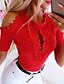 billige Tops &amp; Blouses-Dame Blondeskjorte Skjorte Bluse Vanlig Ensfarvet Hvid Rød Blonder Kortærmet Afslappet Basale Rund hals Regulær Kolde skulder
