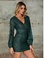 cheap Elegant Dresses-Women&#039;s Bodycon Short Mini Dress Army Green Long Sleeve Print Zipper Fall Spring V Neck Elegant Vintage Puff Sleeve 2021 S M L