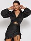 cheap Bodycon Dresses-Women&#039;s A Line Dress Short Mini Dress Black Silver Long Sleeve Solid Color Ruched Fall Summer V Neck Elegant Sexy 2021 XS S M