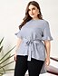 cheap Plus Size Tops-Women&#039;s Plus Size Lace Shirt Shirt Blouse Striped Blue Lace up Short Sleeve Work Daily Elegant Business Round Neck Regular Fit