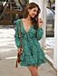 cheap Dresses-Women&#039;s Sundress Short Mini Dress Green Long Sleeve Polka Dot Solid Color Ruffle Summer V Neck Elegant Lantern Sleeve 2021 XS S M L