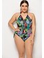 cheap Plus Size Swimwear-Women&#039;s Swimwear One Piece Plus Size Swimsuit Backless Print Tropical Green Tied Neck Bathing Suits Basic
