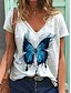 billige T-shirts-Dame Sommerfugl Printer Dyr Daglig Kortermet T skjorte V-hals Trykt mønster Topper Hvit S / 3D-utskrift
