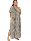 cheap Plus Size Dresses-Women&#039;s Shift Dress Maxi long Dress Gray Short Sleeve Geometric Summer V Neck Casual Loose 2021 XL XXL 3XL 4XL / Plus Size