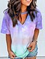 cheap T-Shirts-Women&#039;s T shirt Tie Dye V Neck Tops Blue Purple Blushing Pink