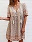 abordables Robes Bohêmes-Femme Robe Trapèze Robe Longueur Genou Marron clair Manches Courtes Fleurie Smocké Imprimé Printemps Eté Col en V chaud Simple robes de vacances Ample 2021 S M L XL XXL 3XL