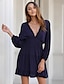 billige Boheme-inspirerede kjoler-Dame Kappe Kjole Kort minikjole Navyblå Langærmet Helfarve Sommer V-hals Elegant 2021 S M L XL