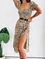 preiswerte Elegantes Damenkleid-Damen Etuikleid Knielanges Kleid Braun Kurzarm Leopard Gespleisst Sommer Quadratischer Ausschnitt Sexy 2021 S M L