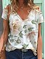 abordables T-shirts-T-shirt Femme Quotidien Fleurie Fleur Manches Courtes Imprimé Col en V Blanche Hauts Ample Coton