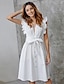 preiswerte Ausgefallene Kleider-Damen A Linie Kleid Knielanges Kleid Weiß Ärmellos Volltonfarbe Sommer V-Ausschnitt Freizeit Baumwolle 2021 S M L XL