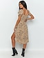 cheap Elegant Dresses-Women&#039;s Sheath Dress Knee Length Dress Brown Short Sleeve Leopard Split Summer Square Neck Sexy 2021 S M L