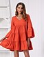 cheap Boho Dresses-Women&#039;s Swing Dress Short Mini Dress Red Orange Long Sleeve Solid Color Ruched Ruffle Summer V Neck Elegant 2021 S M L XL