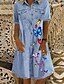 cheap Casual Dresses-Women&#039;s Denim Shirt Dress Knee Length Dress Blue Short Sleeve Butterfly Animal Pocket Button Front Print Summer Shirt Collar Casual 2021 M L XL XXL 3XL