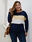 cheap Plus Size Tops-Women&#039;s Shirt Blouse Navy Blue Color Block Patchwork Long Sleeve Daily Basic Boat Neck Loose Fit Plus Size Fall Winter