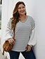 cheap Plus Size Tops-Women&#039;s Plus Size Blouse Shirt Striped Color Block Long Sleeve Patchwork V Neck Tops Basic Basic Top White