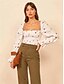 cheap New in Tops-Women&#039;s Blouse Shirt Floral Flower Long Sleeve Print Square Neck Tops Sexy Basic Top White