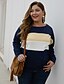 cheap Plus Size Tops-Women&#039;s Shirt Blouse Navy Blue Color Block Patchwork Long Sleeve Daily Basic Boat Neck Loose Fit Plus Size Fall Winter