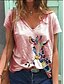 billige T-skjorte-Dame T skjorte Dyr Hvit Rosa Blå Trykt mønster Kortermet Daglig Grunnleggende V-hals Løstsittende Sommer