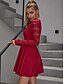 abordables Vestidos de Nochevieja-Mujer Vestido de una línea Mini vestido corto Rojo Manga Larga Color sólido Encaje Otoño Verano Escote en Pico Elegante Casual Manga de la linterna 2021 S M L