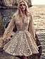 cheap Boho Dresses-Women&#039;s Sheath Dress Short Mini Dress - Long Sleeve Solid Colored Sparkling Glitter Sequins Deep V Openwork Deep V Sexy Cocktail Party Going out Birthday Puff Balloon Slim Gold S M L XL