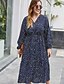 cheap Plus Size Dresses-Women&#039;s A Line Dress Midi Dress Black Khaki Navy Blue Long Sleeve Print Ruched Print Fall V Neck Elegant 2021 XL XXL 3XL 4XL