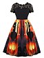 cheap HALLOWEEN-Women&#039;s Halloween A Line Dress Knee Length Dress Orange Short Sleeve Cat Pumpkin Print Zipper Lace Patchwork Fall Round Neck Hot Vintage 2021 S M L XL XXL