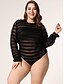 cheap Plus Size Swimwear-Women&#039;s Swimwear One Piece Plus Size Swimsuit Mesh Stripe Striped Solid Colored Black Padless Scoop Neck Bathing Suits Fashion