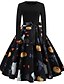 cheap Party Dresses-Women&#039;s Halloween Knee Length Dress A Line Dress Blue Purple Orange Pumpkin Bat Skulls Long Sleeve Patchwork Bow Print Print Round Neck Fall Hot Vintage 2021 Slim S M L XL XXL