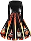cheap HALLOWEEN-Women&#039;s Halloween A Line Dress Knee Length Dress Orange Red Long Sleeve Cat Pumpkin Print Print Fall Round Neck Hot Vintage Slim 2021 S M L XL XXL
