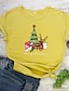 baratos Christmas Tops-Mulheres Camiseta Amarelo Vinho Vermelho Gráfico Letra Imprimir Manga Curta Natal Diário Básico Natal Decote Redondo 100% Algodão