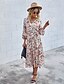cheap Casual Dresses-Women&#039;s Midi Dress A Line Dress White Red Brown Long Sleeve Ruched Lace up Pleated Floral V Neck Fall Spring Holiday Hot Casual 2021 S M L XL / Cotton / Cotton / Print