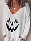cheap HALLOWEEN-Women&#039;s Halloween T shirt Graphic Graphic Prints Pumpkin Long Sleeve Print V Neck Basic Tops White Black Blue